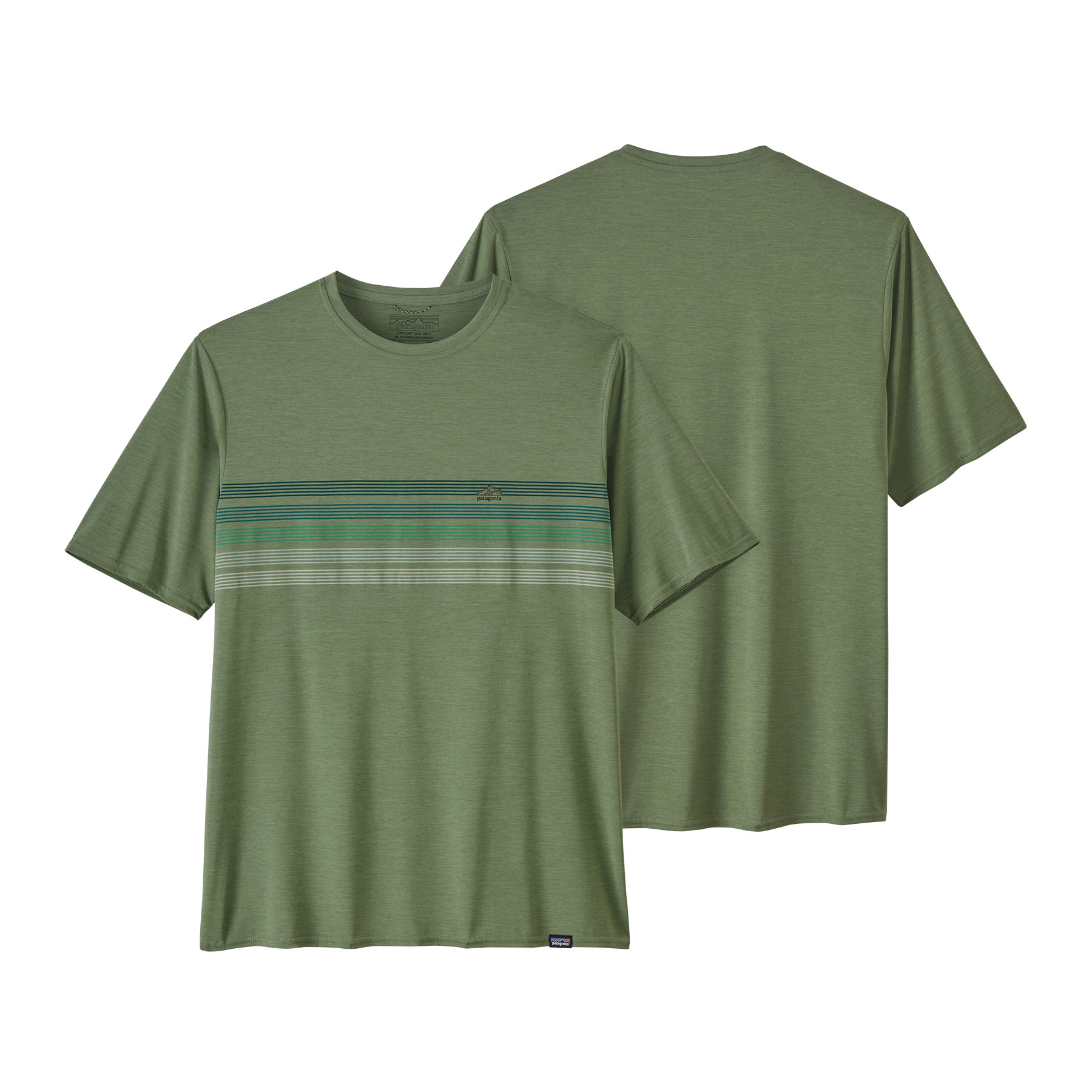 PATAGONIA Men's Capilene® Cool Daily Graphic Shirt Line Logo Ridge Stripe: Sedge Green X-Dye
