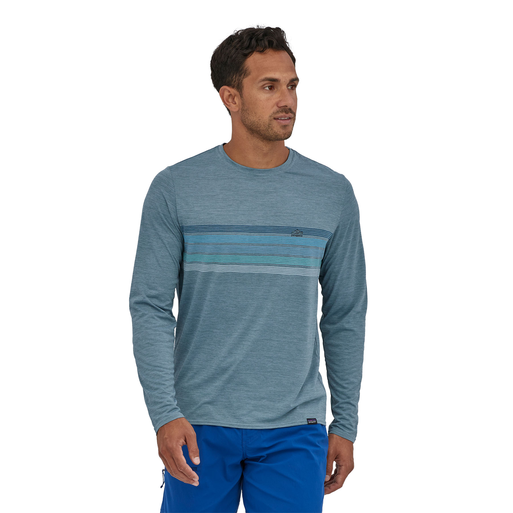 PATAGONIA Men's Long-Sleeved Capilene® Cool Daily Graphic Shirt Line Logo Ridge Stripe: Light Plume Grey X-Dye