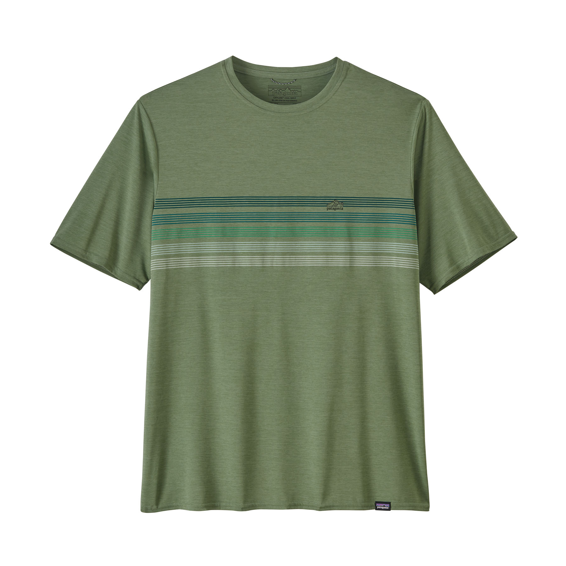 PATAGONIA Men's Capilene® Cool Daily Graphic Shirt Line Logo Ridge Stripe: Sedge Green X-Dye